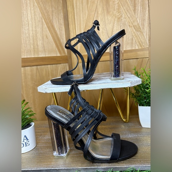 Qupid Women’s Black and Silver Strappy Stiletto Heels - Picture 1 of 6